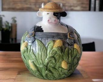 Cow In The Corn Clay Art Cookie Jar Ceramic Green and Yellow Cow Wearing Suspenders Round 1993 Vintage Collectible Made in Taiwan Farm House