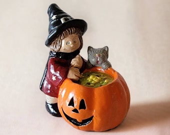 Vintage 1999 Ceramic Witch and Cat Stirring Potion in Pumpkin Caldron Figurine Glazed Hand Painted Halloween Decor Jack O Lantern Ca.Crea