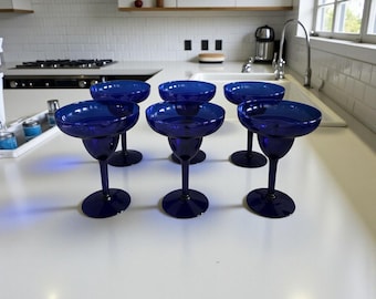 Copas de margarita vintage azul cobalto (juego de 6) Copas altas para cóctel - Juego de cristalería azul oscuro para bar