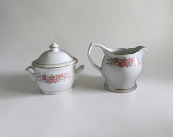 Vintage Remington Fine China by Red Sea Creamer and Sugar Bowl Set With Lid-2 Piece Lot Pink Rose and Blue Floral Garland Gold Trim