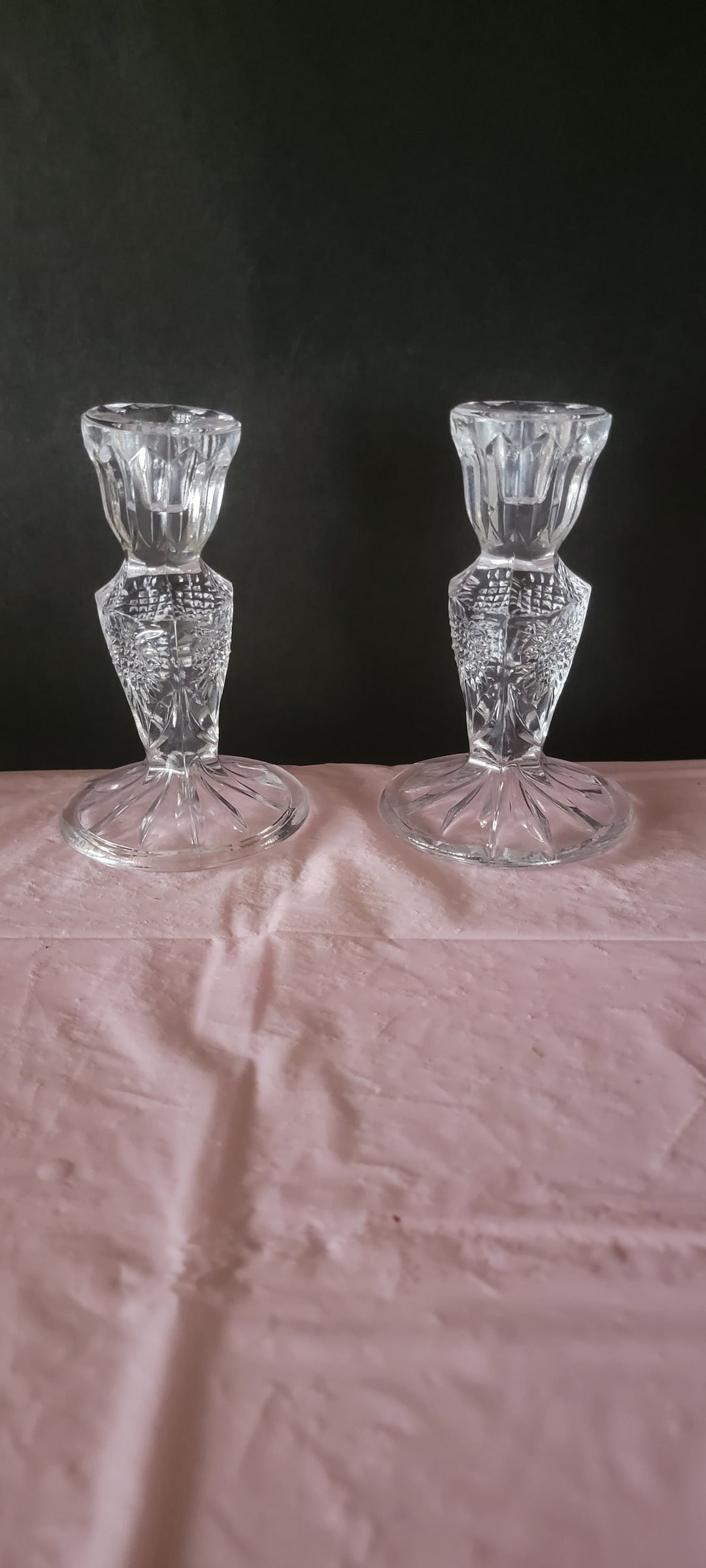 Vintage Clear Glass Candlestick Holders Set of 2 Crystal Candlestick