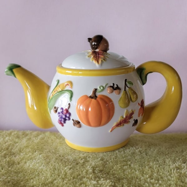 Hallmark Fall Themed Teapot Squash Shaped Handle With Embossed Pumpkin Leaves Corn Acorns Ceramic Unique Thanksgiving Decorative 40 Oz