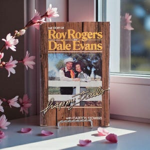 Könnte beinhalten: Ein Vintage-Buch mit dem Titel "The Story of Roy Rogers and Dale Evans" mit den Worten "Happy Trails" auf dem Cover. Das Cover zeigt ein Foto des Paares vor einem weißen Zaun. Rosa Blütenblätter sind um das Buch verstreut.