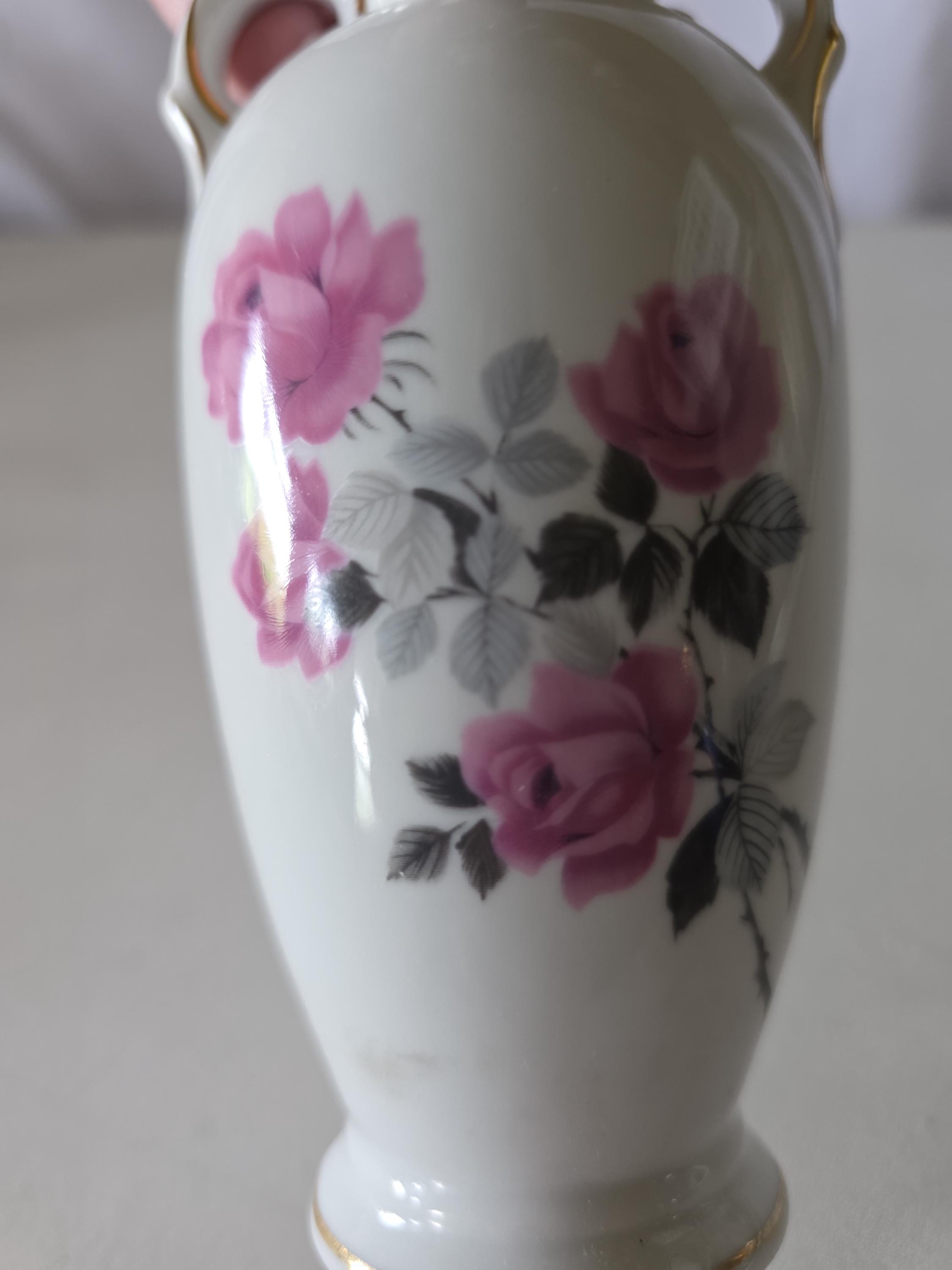 Vintage Porcelain Vase Pink Rose Design White With Gold Trim Gray ...