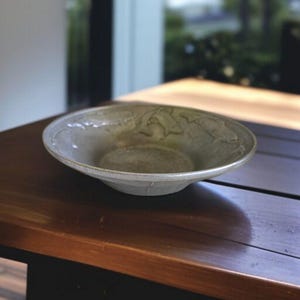 May include: A pale green ceramic bowl with a wide, shallow design. The rim has a subtle, raised edge. The interior features a relief pattern of fish. The bowl is set on a dark wooden surface, suggesting a decorative or serving piece.