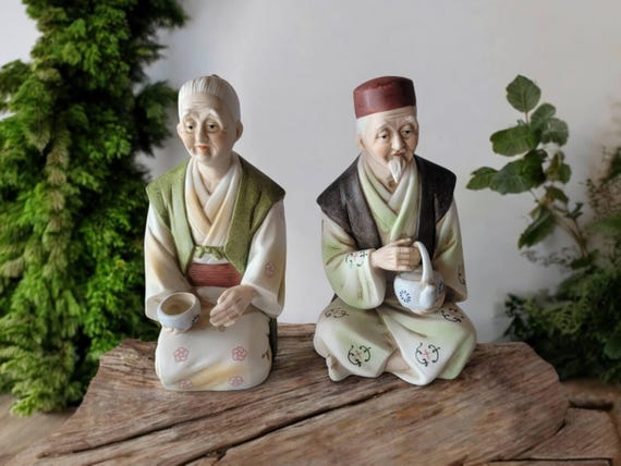 Vintage Seizan Fine Art Japanese Elderly Couple Figurines