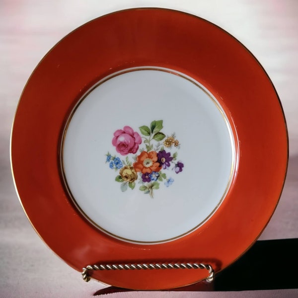 Noritake Hand Painted Orange Floral Center Dinner Plate N1138 Rust Rim Gold Trim Vintage Ceramic Kitchen Table Made in Japan Mid Century 11"