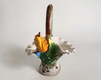 Vintage italienische Keramik Blumenkorb Hand bemalt Majolika mit 3D-Tulpe-Ruffled Scalloped Rim Dekorative Griff Keramikschale