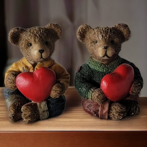 2 Resin Valentine Teddy Bears Bear Figurines Holding Heart Teddy Bear Wearing Overalls Teddy Bear Wearing Green Shirt