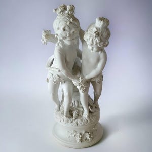 Biscuit Porcelain Plaster Sculpture Two Children Grape Harvest Cupid Vintage Unique Statue 13 3/4&quot; Tall Collectible Interior Decor FLAW
