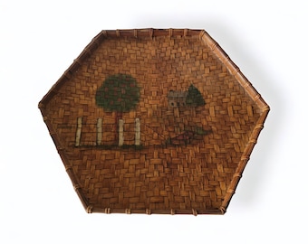 Vintage Chinese Bamboo Wicker Hexagon Tray Painted Apple Tree Farm House Serving Tray Flat Basket Wall Hanging Wall Decor Unique Collectible