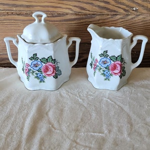 NPS Silesia Germany Creamer and Sugar with Handles and Lid Floral Design Vintage Sugar and Cream Jars Collectible