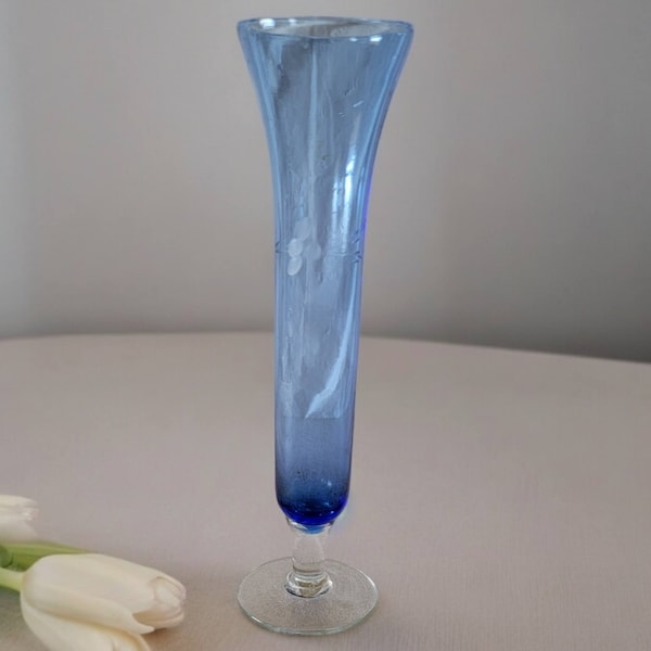 Vintage Blue Fluted Etched Bud Vase 1980s Floral Design Delicate Clear Base Collectible Unique Interior Decor Table Decor Made in Taiwan ROC
