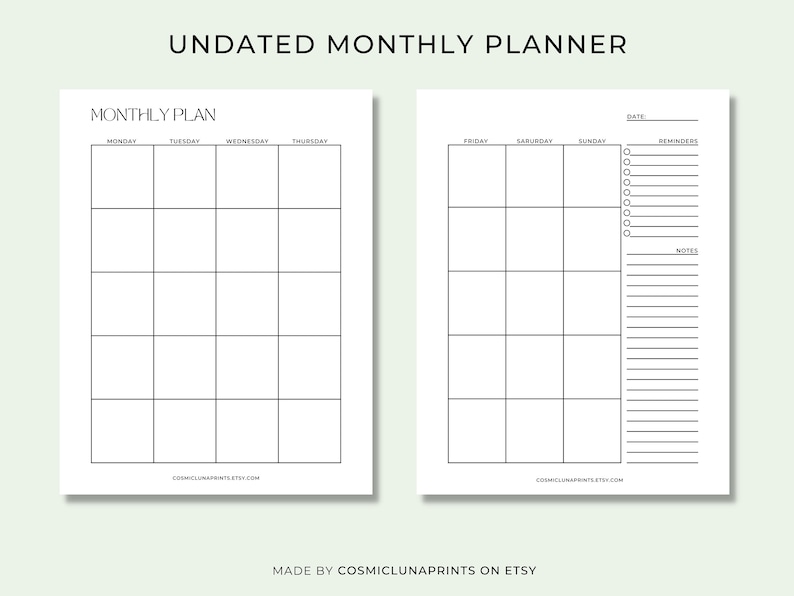 Undated Monthly Planner Printable, Month on Two Pages, Month at a ...