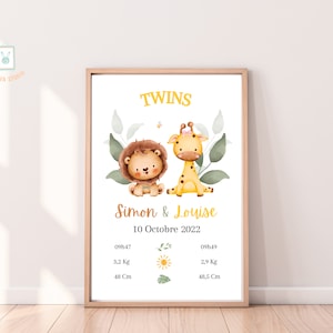 Personalized twin birth poster on quality paper or digital version