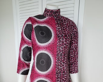 African Ankara Wax Dress: Purple & Black Print, Long Sleeve
