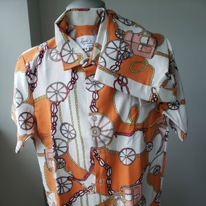 Vintage Men&#39;s Silk Short Set: Orange Carriage Print, Summer Outfit