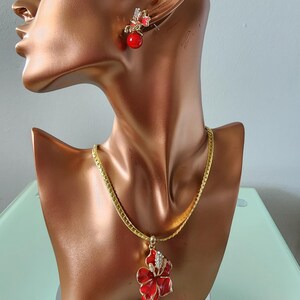 Ruby Red Stainless Steel Jewelry Set: Rose Earrings, Pendant & Necklace