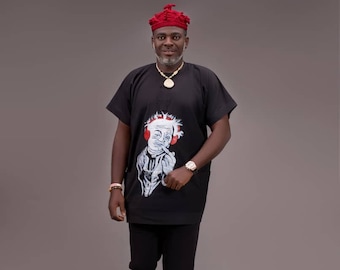 African Senator Set: Men's Black Kaftan Suit - Nigerian Style