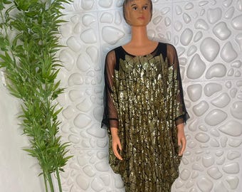 Custom-Tailored African Bubu Gown: Black Net & Gold Kaftan
