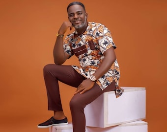Men&#39;s African Senator Outfit: Brown Cotton Kaftan & Pant Set