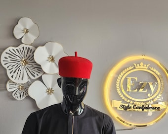 Igbo Traditional Men's Hat: Red and Black Cultural Cap