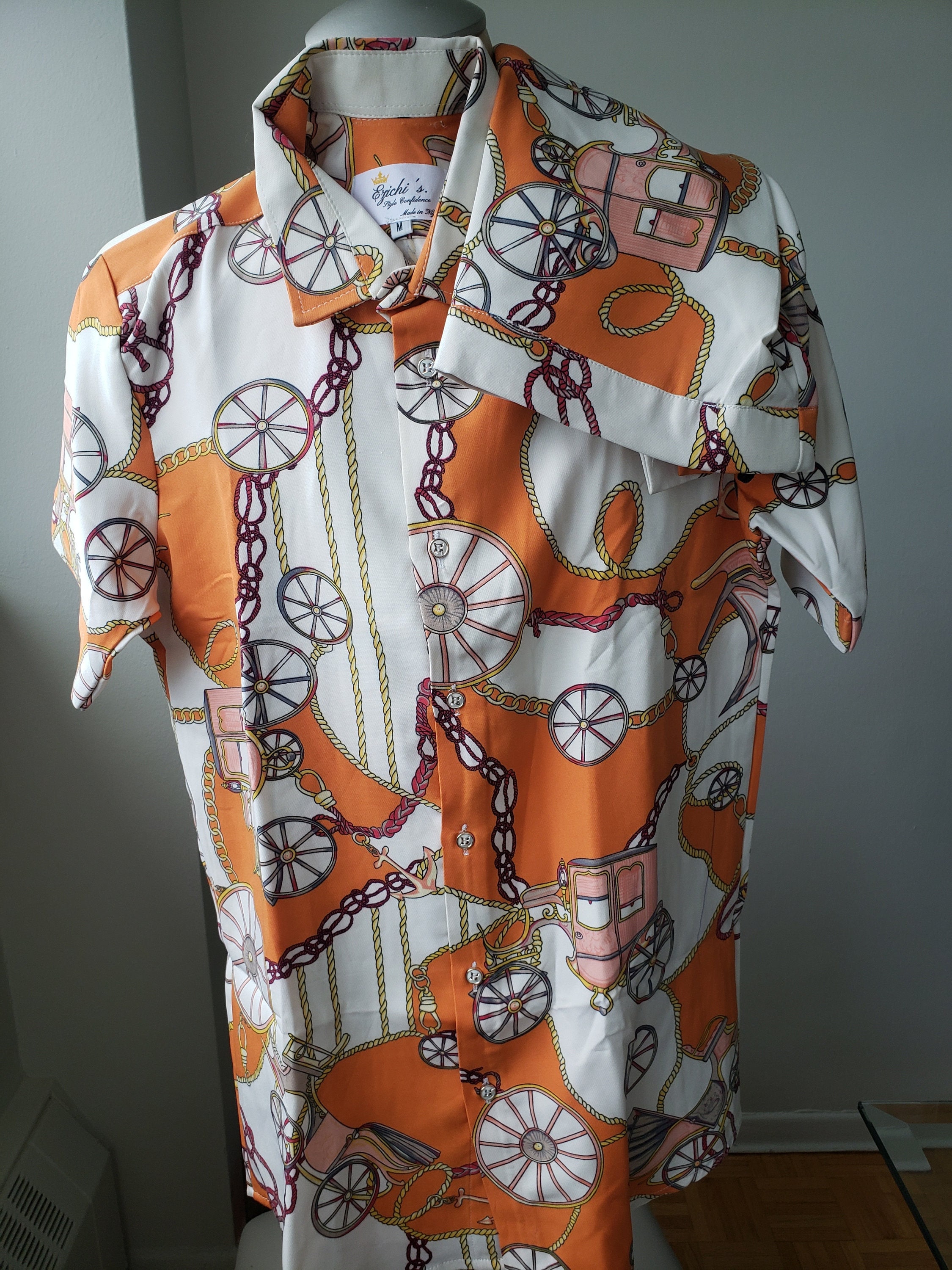 Vintage Men's Silk Short Set: Orange Carriage Print, Summer Outfit