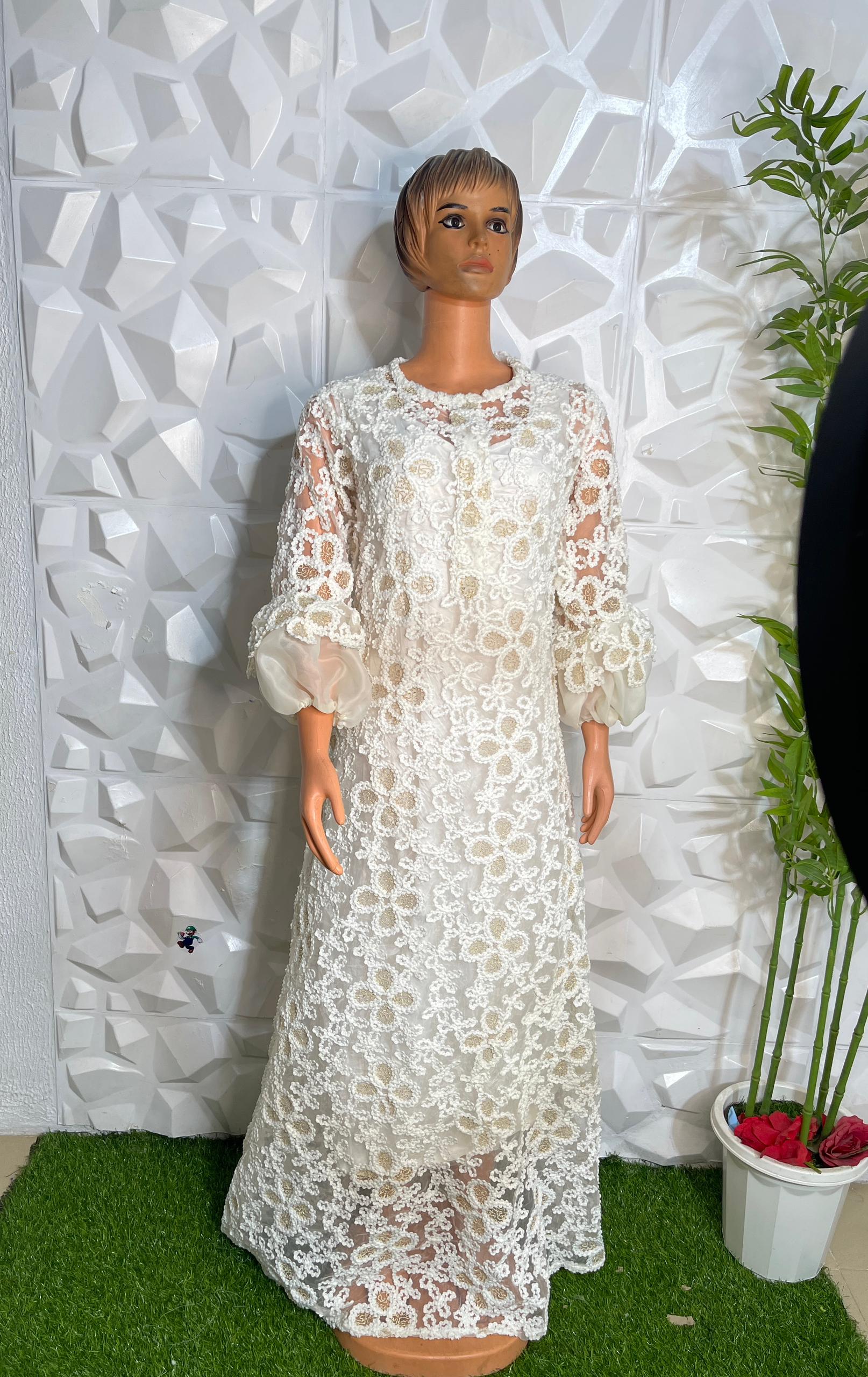 organza lace dress design Irina White Hollow Organza Design Rhinestone Embellished Maxi Dress 4 / White