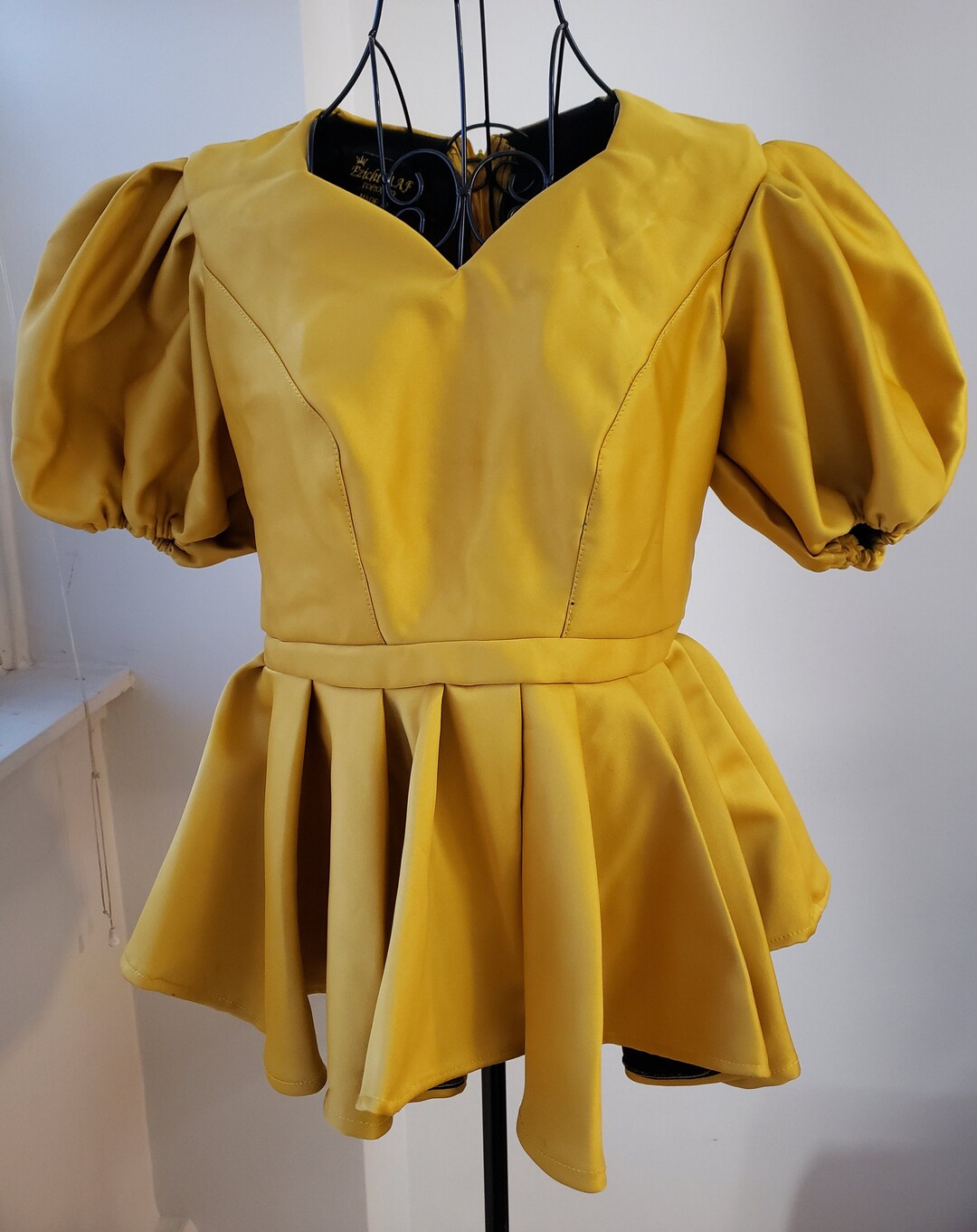 Puff Puff Sleeve Peplum Top. Satin Peplum Top. Peplum Blouse, Yellow Top, Army Green Top, Plinth ...