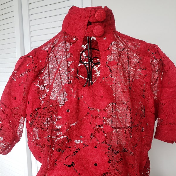 Lace Top,  Red Lace Blouse, Women's Lace Top, Turtle Neck Lace Blouse, Red Top, Red Blouse, Women's Top