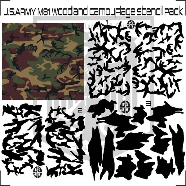 U.S.Army M81 Woodland Camouflage stencil pattern printed on Avery high heat yellow vinyl for applying Cerakote Duracoat Gunkote