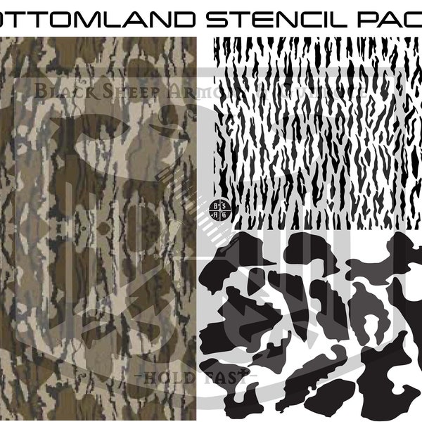 Pack of 2 Bottomland Camouflage stencils printed on Avery high heat yellow vinyl for applying Cerakote, Duracoat, Gunkote,