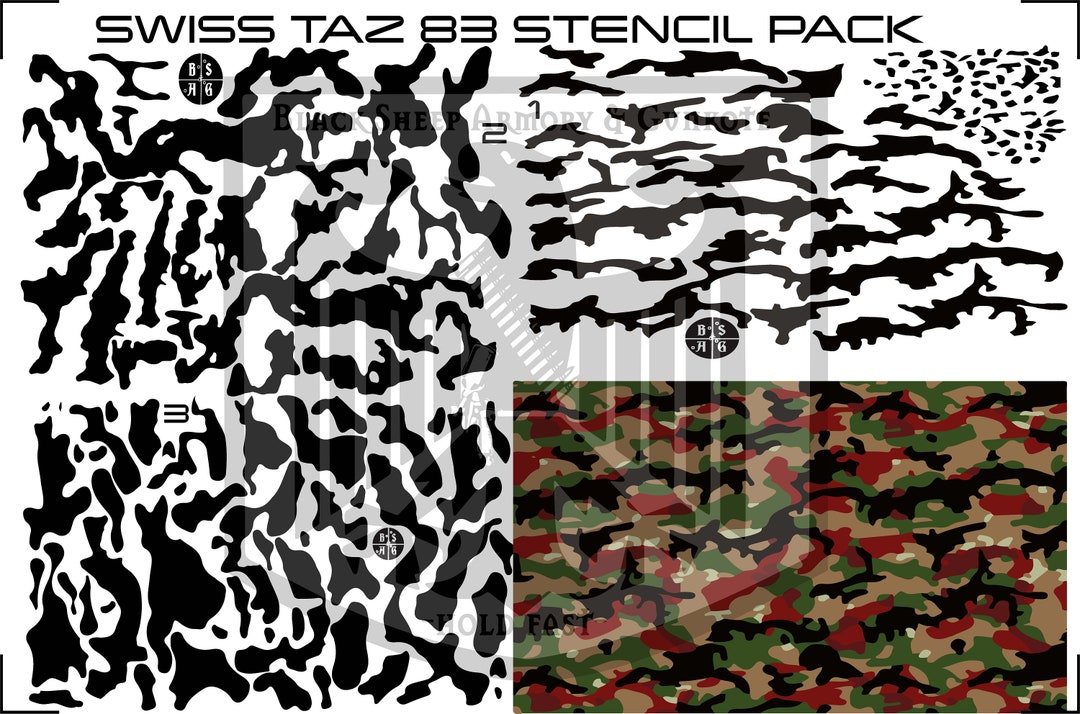 Pack of 3 Swiss Taz 83 Camouflage Stencil Pattern Printed on Pack of 3 Swiss Taz 83 Camouflage Stencil Pattern Printed on