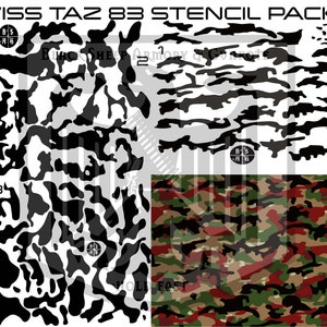 Pack of 3 Swiss Taz 83 Camouflage stencil pattern printed on Avery high heat yellow vinyl for applying Cerakote Duracoat Gunkote