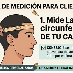 May include: An instructional graphic titled GU&Iacute;A DE MEDICI&Oacute;N PARA CLIENTES showing a person measuring their head circumference with a tape measure. The text includes 1. Mide La circunferencia DE TU CABEZA, CONSEJO: Use una cinta m&eacute;trica suave, and more.
