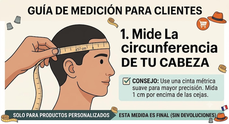 May include: An instructional graphic titled GU&Iacute;A DE MEDICI&Oacute;N PARA CLIENTES showing a person measuring their head circumference with a tape measure. The text includes 1. Mide La circunferencia DE TU CABEZA, CONSEJO: Use una cinta m&eacute;trica suave, and more.
