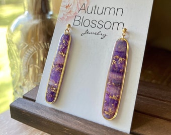 Purple and gold long oval polymer clay earrings, Everly collection