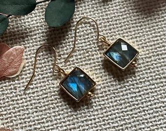 Handmade small square 18k gold plated Labradorite earrings