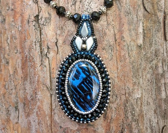 Black, blue and silver bead embroidered necklace with handmade cabochon, beaded pendant