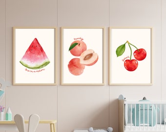 Set of 3 Watercolour Fruit Nursery Prints | Peach Melon Cherry | Cute Vintage Fruit Wall Art | Cute Nursery Prints | Boho Art