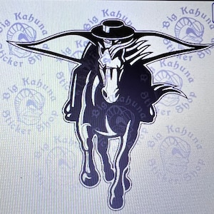 May include: Black and white illustration of a horse wearing a hat and cape. The horse is running forward with its head down. The image is surrounded by the text "Big Kahuna Sticker Shop" repeated multiple times.