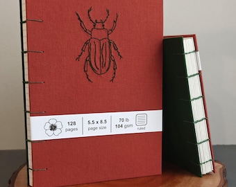 Embroidered Beetle Fabric Cover Journal: Handmade Coptic Stitch Sketchbook