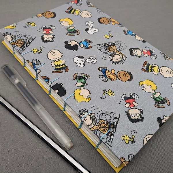 Peanuts Handmade Journal, Hand Bound Sketchbook, Blank Notebook, Full Size and Travel Size, Snoopy Charlie Brown Fabric Cover