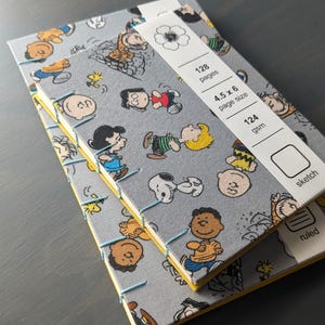Peanuts Handmade Journal, Hand Bound Sketchbook, Blank Notebook, Full Size and Travel Size, Snoopy Charlie Brown Fabric Cover