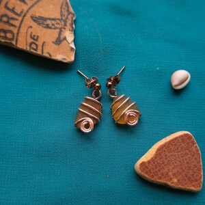 Small Rustic Seaglass Ball Stud Earrings - Rose Copper Wire Wrapped - Cornish - Handmade