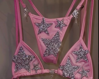 Thong Side Tie Bikini Scattered Rhinestone Stars- Exotic Dancewear, Stripper Outfit, Microkini