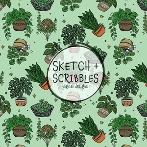 May include: A repeating pattern of potted plants and foliage in various styles, including ferns and succulents, on a light green background. The design includes the text "SKETCH + SCRIBBLES digital designs" in a circular frame, with small stars and diamond shapes.