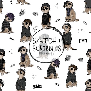 May include: A repeating pattern featuring illustrated meerkats with various hairstyles and clothing, including hoodies, striped sweaters, and beanies. The design includes small black stars, triangles, safety pins, and scribbles, with the text SKETCH + SCRIBBLES digital designs in the center.