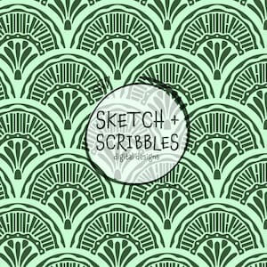 May include: A repeating pattern featuring a fan-like design in dark green on a light green background. The pattern includes the text "SKETCH + SCRIBBLES digital designs" in a circular shape.