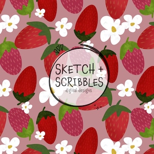 以下が含まれることがあります： ピンク色の背景に、赤いイチゴと白い花の繰り返し模様。 イチゴは緑色のヘタが付いています。「SKETCH + SCRIBBLES digital designs」の文字が円形のフレームに入っています。